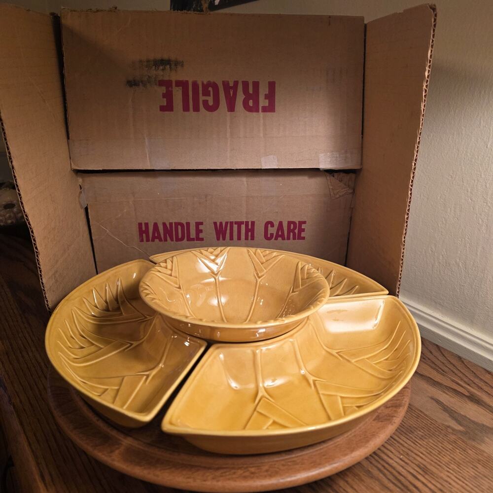 MCM Lazy Susan Chip and Dip Set Color Gold California USA L59- EXCELLENT IN BOX